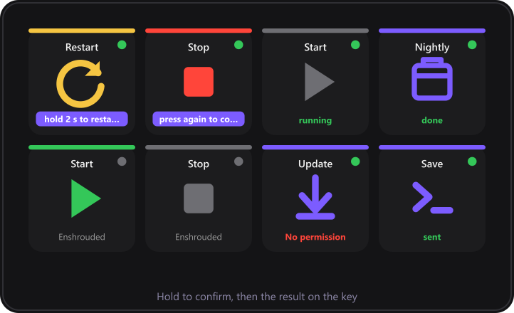 Command keys showing a hold-to-confirm hint, a press-again hint, green success results and a red permission error.