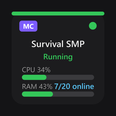 A single instance tile showing a game tag, the server name, a green Running label, CPU and RAM bars and the player count.