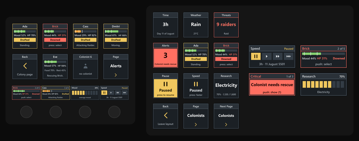 Left, a Stream Deck + on the Colonists page during a raid: Ada, yellow border, mood 52%, HP 78%, Drafted, standing; Brick, red border, mood 44%, HP 31% in red, Downed, press: select; Cass, mood 29%, HP 92%, Drafted, attacking raider; Dmitri, mood 61%, HP 100%, Drafted, moving; then Back to the Colony page; Eve, mood 57%, HP 100%, food 70%, rest 45%, rescuing Brick; Colonist 6, no colonist; Page Alerts. On its touch strip, four dial screens: Brick, 2 of 5, mood 44%, HP 31%, Downed, push: select; Cass, 3 of 5, mood 29%, HP 92%, Drafted, attacking raider; Mood, 49%, five of ten segments, average mood; Speed, Paused, four buttons with pause lit, 3h, 11 Jugust 5501. Right, a Corsair Galleon 100 SD on the Colony page during the raid: Time 3h, day 11 of Jugust; Weather Rain, 21°C; Threats, 9 raiders in red; Alerts 3 on a solid red key, colonist needs rescue; Ada, Drafted; Brick, Downed; Pause, lit yellow, Paused, press to resume; Speed, Paused, press: faster; Research, Electricity, 70%, 1,120 of 1,600; Back, leave layout; Page Colonists; Next Page, Colonists. Beside its keys, four dial screens in a two by two grid: Speed, Paused, with pause lit, 3h, 11 Jugust 5501; Brick, 2 of 5, mood 44%, HP 31%, Downed, push: select; Critical, 1 of 3, colonist needs rescue, push: show (1); Research 70%, seven of ten segments, Electricity.