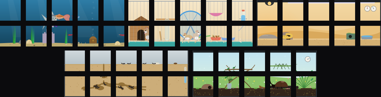 The five Deck Pets habitats, each across ten Stream Deck keys: a fish tank with plants and a castle, a hamster cage with a wheel and a house, a desert vivarium with leopard geckos, an ant farm with tunnels and chambers, and a planted terrarium with a stick insect and a rhino beetle.