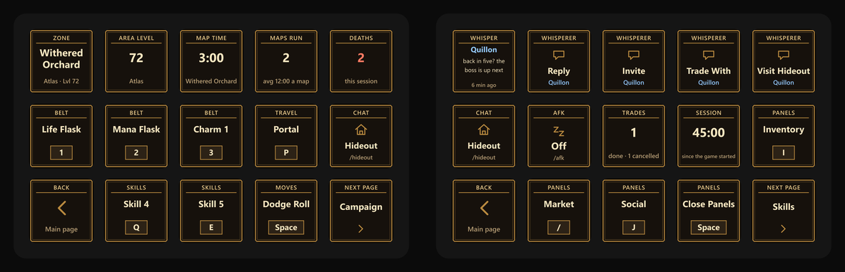 Two Stream Deck pages side by side. Maps: Zone, Withered Orchard, Atlas, level 72; Area Level 72; Map Time 3:00; Maps Run 2, average 12:00 a map; Deaths 2 in red; then Life Flask on the key 1, Mana Flask on 2, Charm 1 on 3, Portal on P and Hideout, /hideout; then Back to the main page, Skill 4 on Q, Skill 5 on E, Dodge Roll on Space, and Next Page, Campaign. Trade: Whisper from Quillon, back in five? the boss is up next, 6 min ago; Reply, Invite, Trade With and Visit Hideout, each naming Quillon in blue; then Hideout, AFK Off, Trades 1 done and 1 cancelled, Session 45:00 and Inventory on I; then Back, Market on the slash key, Social on J, Close Panels on Space, and Next Page, Skills.