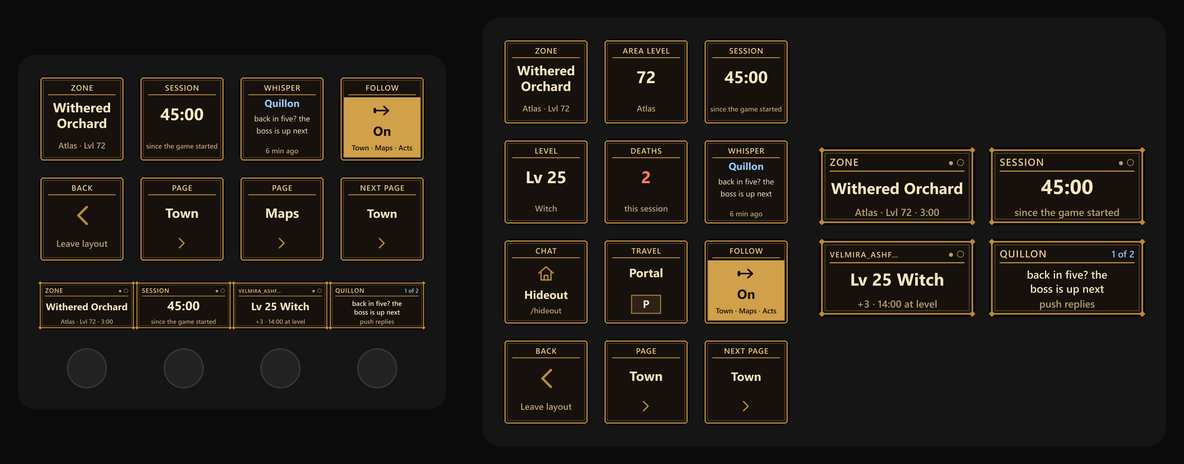 Left, a Stream Deck +: Zone, Withered Orchard, Atlas, level 72; Session 45:00; the whisper from Quillon; Follow, on, lit bronze; then Back, the Town and Maps pages and Next Page, Town. On its touch strip, four dial screens: Zone, Withered Orchard, Atlas, level 72, 3:00; Session 45:00 since the game started; Velmira_Ashfall, Lv 25 Witch, +3, 14:00 at level; and Quillon, 1 of 2, back in five? the boss is up next, push replies. Right, a Corsair Galleon 100 SD: Zone, Withered Orchard; Area Level 72; Session 45:00; Level, Lv 25 Witch; Deaths 2 in red; the whisper from Quillon; Hideout; Portal on P; Follow, on; Back; the Town page; and Next Page, Town. Beside its keys, the same four dial screens in a two by two grid.