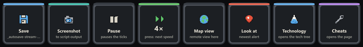 Eight action keys: Save, Screenshot, Pause, game speed cycling from 4 times, Map view, Look at the newest alert, Technology tree, and Cheats.