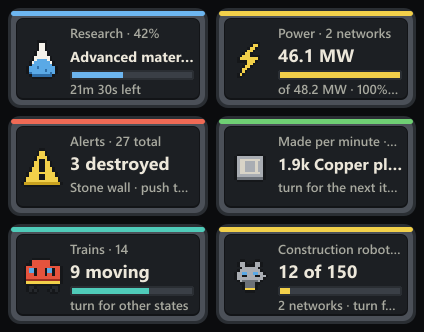 Six touch strip images: research with a progress bar and time left, power used of produced, an alert kind, an item made per minute, trains moving, and construction robots busy.