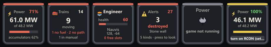 Six keys: power red at 71% satisfaction, trains with one out of fuel and two with no path, the engineer at 60 health with no free slots, 27 alerts, a key saying game not running, and a key saying turn on RCON.