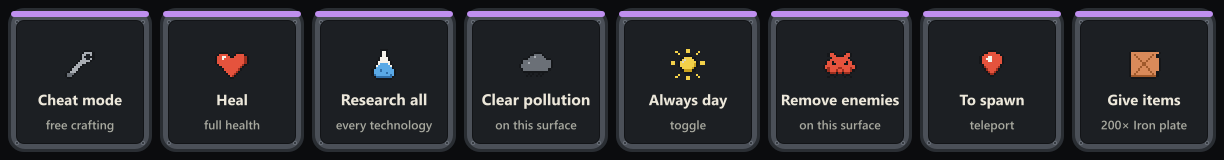 Eight keys from the Cheats page: cheat mode, heal, research all, clear pollution, always day, remove enemies, to spawn, and give items.