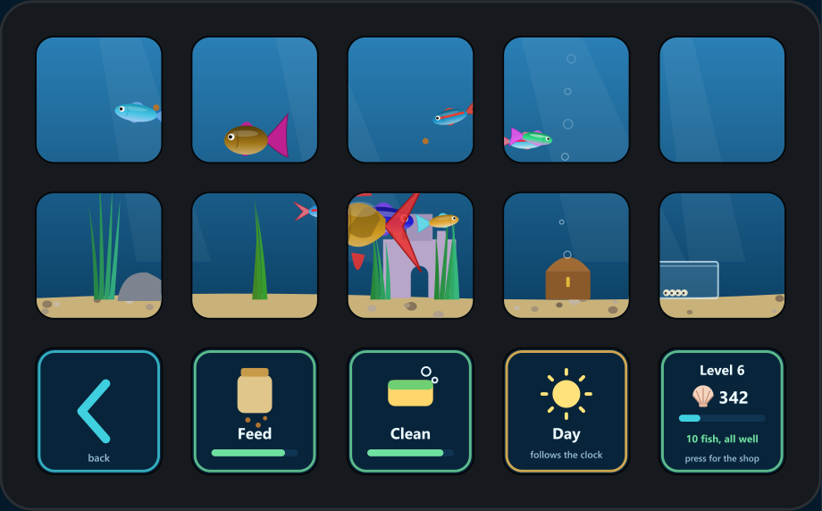 A Stream Deck with its top two rows showing one fish tank across ten keys: neon tetras, a betta, a molly and an angelfish swimming over sand, plants, a rock pile, a castle, a bubbling chest and a breeding box with eggs in it. The bottom row has Back, Feed, Clean, More and a Status key showing level 6, 342 shells and ten fish, all well.