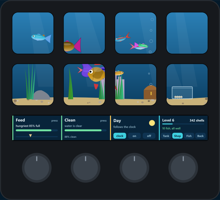 A Stream Deck + whose eight keys show the tank, with a touch strip above the four dials showing Feed with its aim marker, Clean, Day with the clock, on and off modes, and Go with Tank, Shop, Fish and Back.