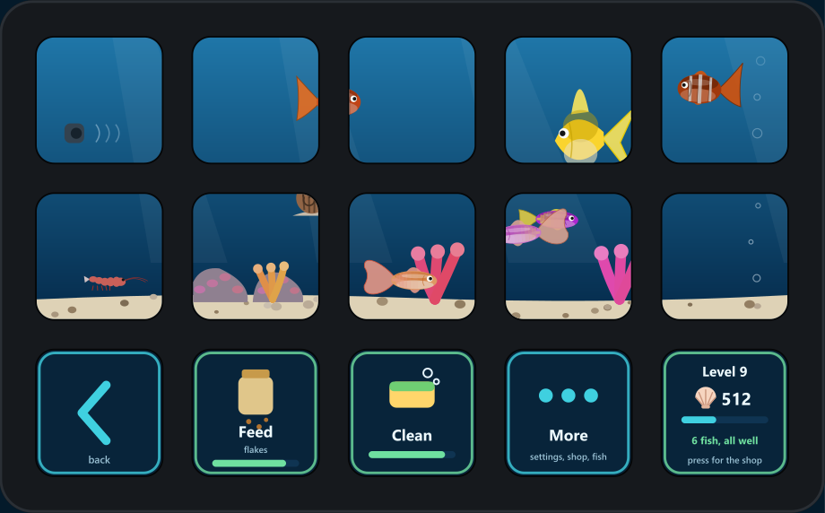 A Stream Deck showing a saltwater tank: clownfish, a royal gramma, firefish and a blue tang over pale coral sand, with live rock, coral, a wavemaker on the left wall, a turbo snail and a peppermint shrimp. The bottom row has Back, Feed, Clean, More and a Status key at level 9 with 512 shells.