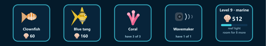 Five shop keys from a marine tank: a clownfish for 60 shells, a blue tang for 160, coral with three of three owned, a wavemaker with one of one, and the wallet reading level 9, marine, 512 shells under the reef light.