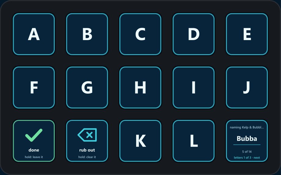 A Stream Deck showing the naming page: the letters A to L on the keys, a done key with a green tick, a rub out key, and a corner key reading naming Bubbles, Bubba, 5 of 14, letters 1 of 3.
