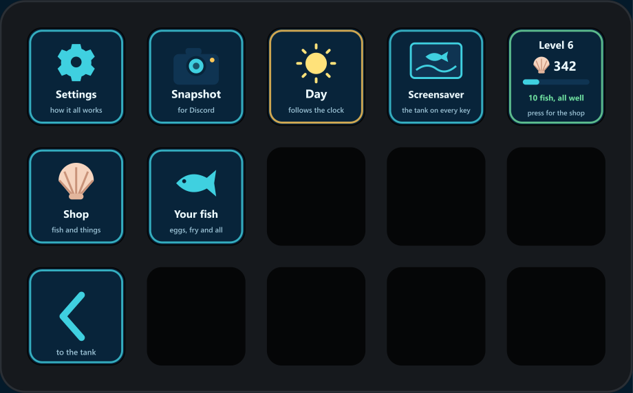 A Stream Deck showing the More page: Settings, Snapshot, Day, Screensaver and Status along the top row, Shop and Your fish below, and Back in the corner.