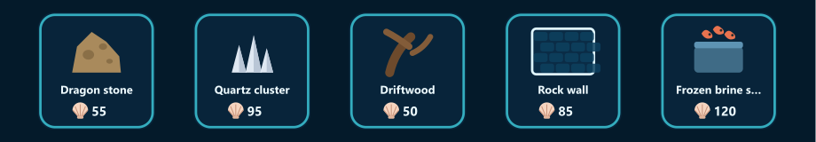 Five shop keys: dragon stone, a quartz cluster, driftwood, the rock wall background and frozen brine shrimp.