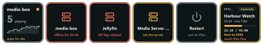 Six keys showing problems: a server quiet for 44 seconds in grey, a server offline for 2 minutes in red, API key refused, set the server, a Plex restart key saying not on Plex, and a Plex stream saying needs Plex Pass.