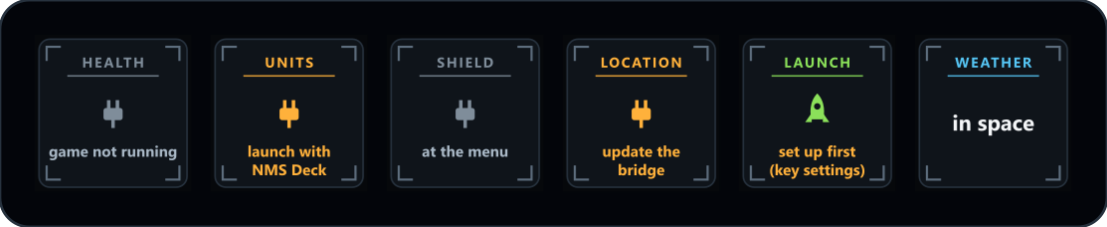 Six keys: game not running, launch with NMS Deck, at the menu, update the bridge, Launch saying set up first, and a weather key saying in space.