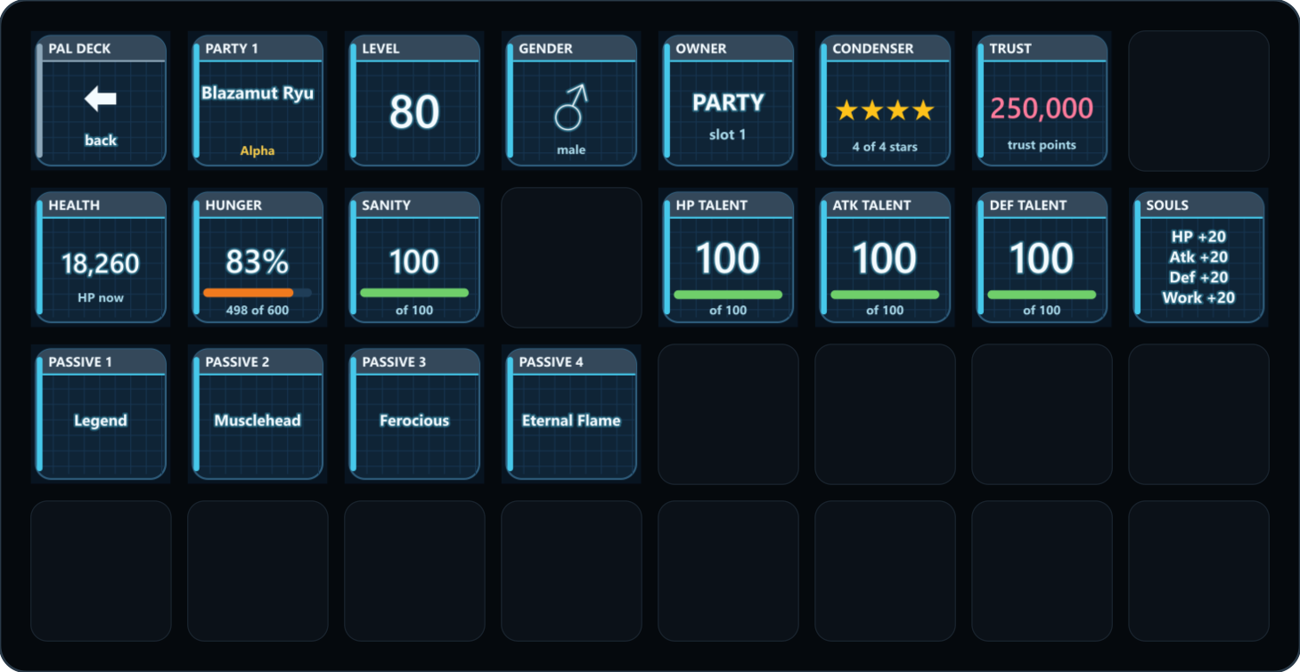 A party Pal's stats page on a Stream Deck XL: Blazamut Ryu, level 80, male, 18,260 HP, food 83%, sanity 100, talents HP 100, Attack 100 and Defense 100, four condenser stars, souls, trust, and four passive skills: Legend, Musclehead, Ferocious and Eternal Flame.