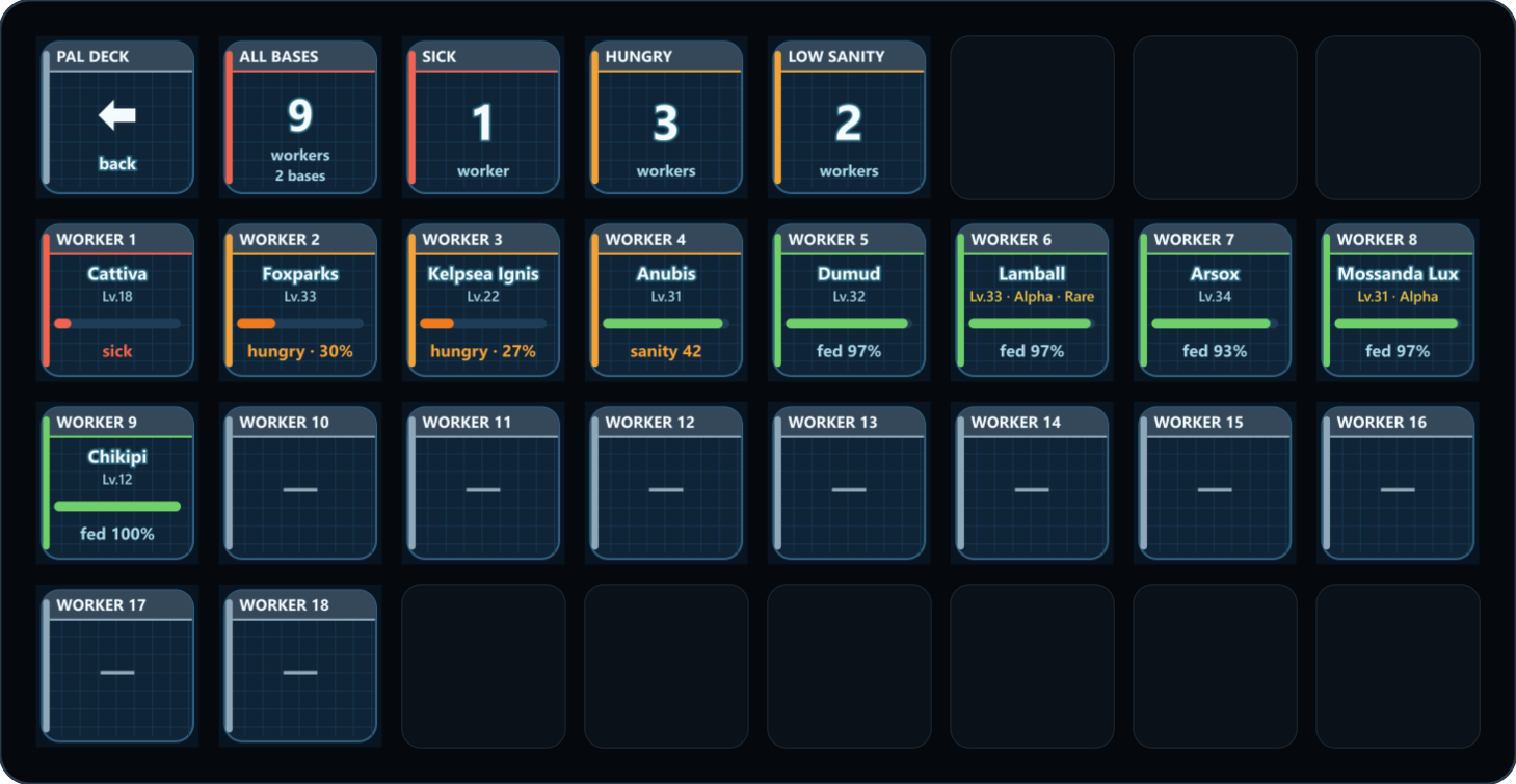 A base page: 9 workers across 2 bases, 1 sick, 3 hungry and 2 low on sanity, then a key per worker, starting with a sick Cattiva at level 18 and a hungry Kelpsea Ignis.