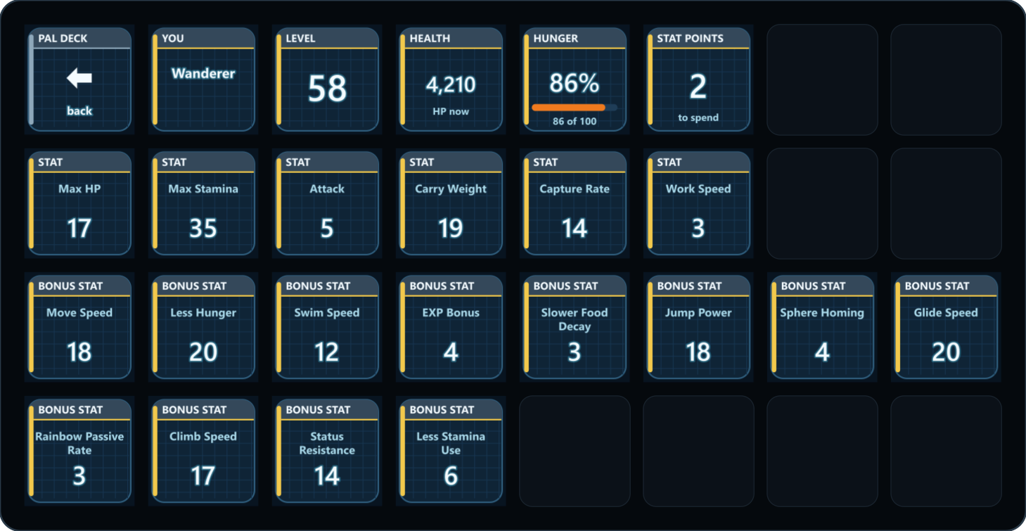 The player's page: level 58, 4,210 HP, food 86%, 2 unused points, and eighteen stat keys such as Max HP 17, Max Stamina 35, Attack 5, Carry Weight 19 and Work Speed 3, then twelve bonus stats.