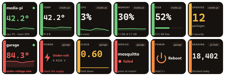 Twelve keys: a media Pi at 42.2 degrees with a sparkline, its CPU at 3%, memory 30%, disk 52% and twelve packages waiting; a garage Pi at 84.3 degrees reporting under-voltage, its clock held down at 0.60 gigahertz, a failed mosquitto service, a reboot key, and a key showing 18,402 queries blocked today.