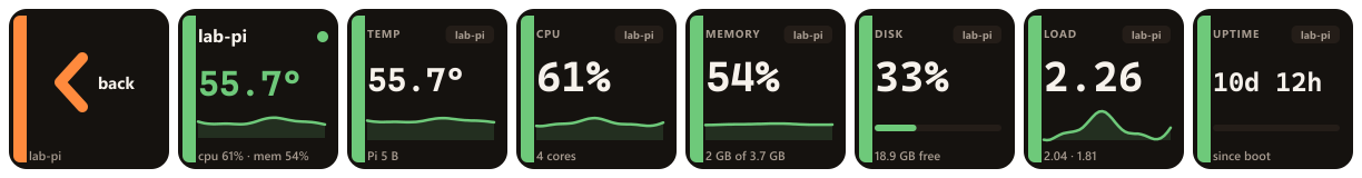 Eight keys from a Pi's page: Back, the Pi itself at 55.7 degrees, then temperature, CPU at 61%, memory 54%, disk 33%, load 2.26 and uptime 10 days 12 hours.