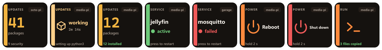 Eight keys: 41 packages waiting with 9 security, the same key mid-upgrade showing what it is setting up, then 12 installed, jellyfin active, mosquitto failed, a reboot key, a shut down key, and a command key reporting 3 files copied.