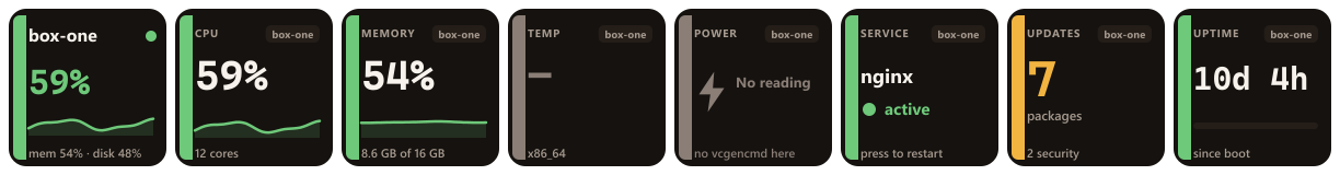 Eight keys from a Debian container: the overview key leading with 59 percent CPU instead of a temperature, CPU, memory 54 percent of 16 gigabytes, a temperature key showing a dash and the words x86_64, a power key saying no reading because there is no vcgencmd, an active nginx service, seven packages waiting, and an uptime of 10 days.