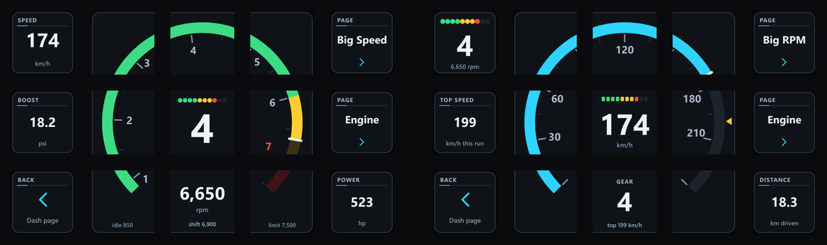 Two Stream Deck pages side by side. Big RPM: a rev counter drawn across the middle three columns of keys, the green band running from 1 to 6 thousand rpm, a yellow zone, a white shift marker and a red zone towards 7, gear 4 big in the centre under ten shift lights, and 6,650 rpm with idle 850, shift 6,900 and limit 7,500 along the bottom; Speed 174 km/h, Boost 18.2 psi and Back on the left; Big Speed, Engine and Power 523 hp on the right. Big Speed: a speedometer across the same block, the blue band up to 174 km/h with a yellow marker at this run's top speed, 174 km/h and gear 4 in the centre.