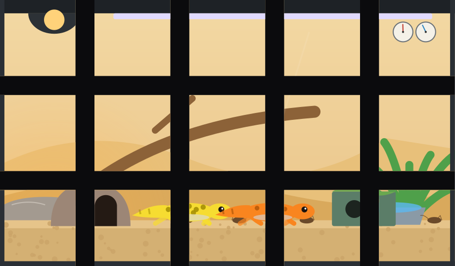 A Stream Deck showing a desert vivarium across all fifteen keys: a heat lamp glowing at the warm end over a basking rock and a rock hide, a climbing branch, a yellow and an orange leopard gecko on the sand, crickets, a humid hide, a water dish, a plant, and a thermometer and hygrometer on the glass.