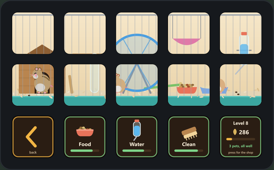A Stream Deck whose top two rows show one cage across ten keys, behind bars: a striped dwarf hamster sitting at the door of a wooden house, a chew stick and a tube, a hamster beside the wheel, a hammock, a seesaw, a food bowl, a sand bath with another hamster, and a water bottle. The bottom row has Back, Food, Water, Clean and a More key.