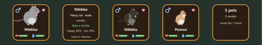 Five keys from the pet page: a fancy rat's card with food and water bars, the same rat's details, a gerbil's card, a Roborovski hamster's card, and the roster of three pets.