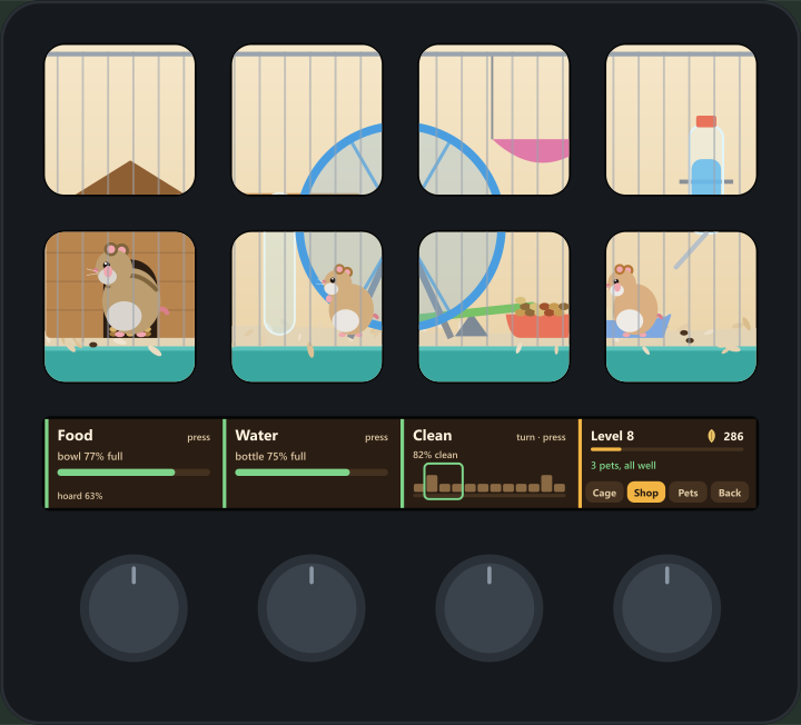 A Stream Deck + whose eight keys show the cage, with a touch strip above the four dials showing Food, Water, Clean with a map of the cage floor, and Go with Cage, Shop, Pets and Back.