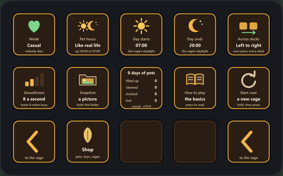 A Stream Deck showing the settings page: Mode set to Casual, Pet hours like real life, Day starts 07:00, Day ends 20:00, Across decks left to right, Smoothness 8 a second, the Pictures folder, a card of your record, and Start over. Back and the Shop key are along the bottom.