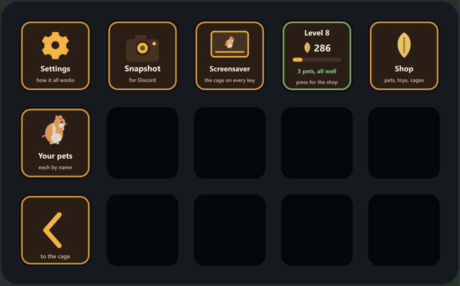 A Stream Deck showing the More page: Settings, Snapshot, Screensaver and Status along the top row, Shop and Your pets below, and Back in the corner.