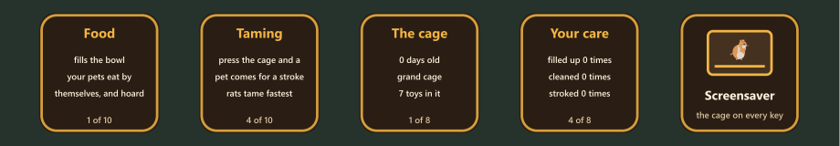 Five keys: two How to play cards about food and taming, two record cards about the cage and your care, and the Screensaver key.