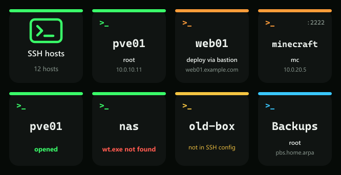 Eight keys: the SSH Hosts key showing a host count, three host keys including a jump host and one on port 2222, a key showing opened, a key showing an error, a key for a host no longer in the config, and a host key with a custom label.