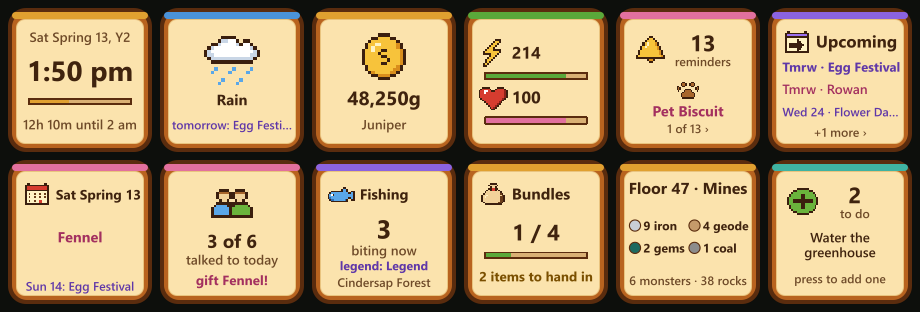 Twelve wooden Stream Deck keys: the clock at 1:50 pm, rain with an Egg Festival tomorrow, 48,250 gold, energy and health bars, eight reminders, upcoming events, the calendar, friends talked to, fish biting now, bundles done, a mine floor with its ores, and the to-do list.
