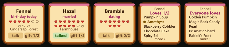 Three villager keys with hearts, relationship and talk and gift chips, then two keys listing a villager's loved and liked gifts, with the gifts in your bag in gold.