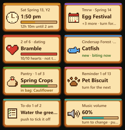 Eight touch strip images: the clock, a calendar day, a villager with a hearts bar, a fish, a bundle, a reminder, a to-do, and the music volume.