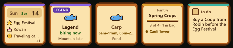 A calendar day with the Egg Festival and a birthday, a legendary fish biting now, a fish that bites mornings and nights, a bundle with an item in the bag, and a to-do.