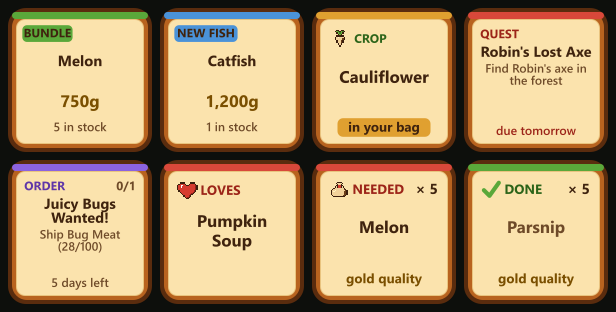 Eight page keys: a melon the cart sells that a bundle needs, a catfish marked new fish, a cauliflower never shipped and in your bag, a quest due tomorrow, a special order, a loved gift, and two bundle items, one done and one needed.