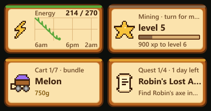 Four touch strip images: the day's energy as a falling graph from 6 am, the mining skill at level 5 with a bar, a melon on the traveling cart for 750 gold, and a quest due in a day.