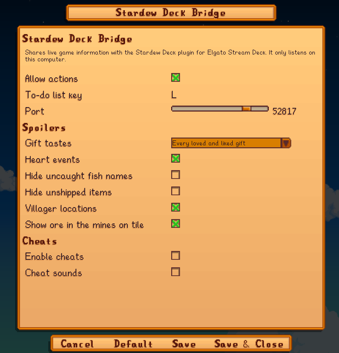 The Stardew Deck Bridge page in Generic Mod Config Menu: Allow actions, To-do list key L, Port 52817; a Spoilers section with Gift tastes, Heart events, Hide uncaught fish names, Hide unshipped items, Villager locations and Show ore in the mines on tile; a Cheats section with Enable cheats and Cheat sounds, both unticked.