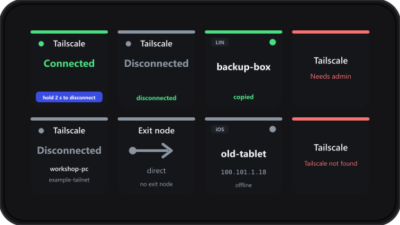 Eight keys: a hold hint, a disconnected result, a copied result, a Needs admin message, a disconnected Tailscale key, an exit node key, a device key and a Tailscale not found message.