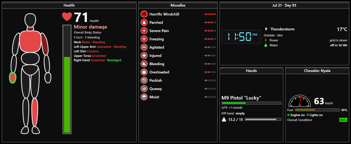 Zomboid Dashboard in the Large slot of a XENEON EDGE, drawn in the game's own window style. Health: 71 with a green bar, Minor damage, a body map with the torso, neck, left arm and left shin in red and a bandaged right hand outlined in green, and the lines Neck Bitten and Bleeding, Left Upper Arm Laceration and Bleeding, Left Shin Fracture, Upper Torso Scratched, Right Hand Scratched and Bandaged. Moodles, worst first: Horrific Windchill, Parched, Severe Pain, Freezing, Agitated, Injured, Bleeding, Overloaded, Peckish, Queasy and Moist, each with its level. Jul 21, day 93: 11:50 PM in a thunderstorm at 17 degrees, outside, the grid down and the water off in 1 day 16 hours. Hands: an M9 pistol with 3 of 15 rounds, the off hand empty, 13.2 of 15 carried. And the car, a Chevalier Nyala, at 63 km/h with 45% fuel, the engine and lights on and 84% overall condition.