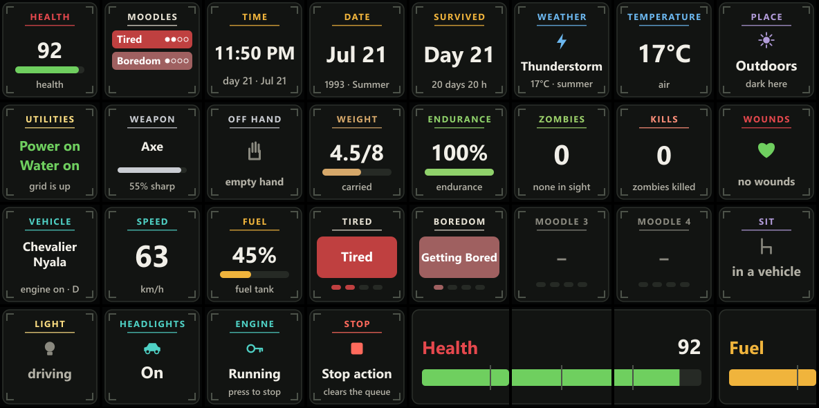 Thirty Zomboid Deck keys at night in a thunderstorm: health 92 with a bar, the Tired and Boredom moodles in red, 11:50 PM on day 21, 17 degrees, an axe at 55% sharp, 4.5 of 8 carried, a Chevalier Nyala doing 63 km/h with 45% fuel, headlights on, the engine running, and a health bar across three keys.