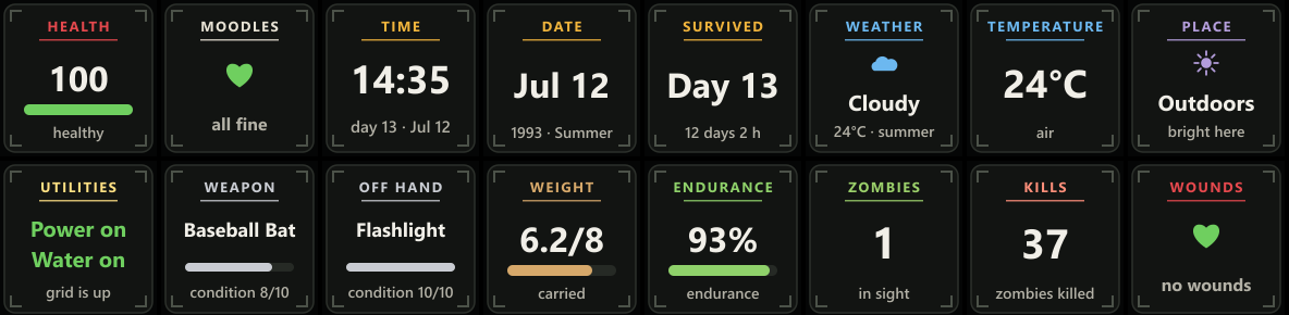 Sixteen Zomboid Deck keys on a calm afternoon: health 100, all moodles fine, 14:35 on day 13, cloudy and 24 degrees, outdoors, power and water on, a baseball bat and a flashlight, 6.2 of 8 carried, 93% endurance, one zombie in sight, 37 kills and no wounds.